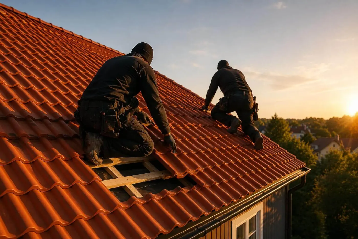 Couvreurs au travail sur un toit en tuiles au soleil du soir